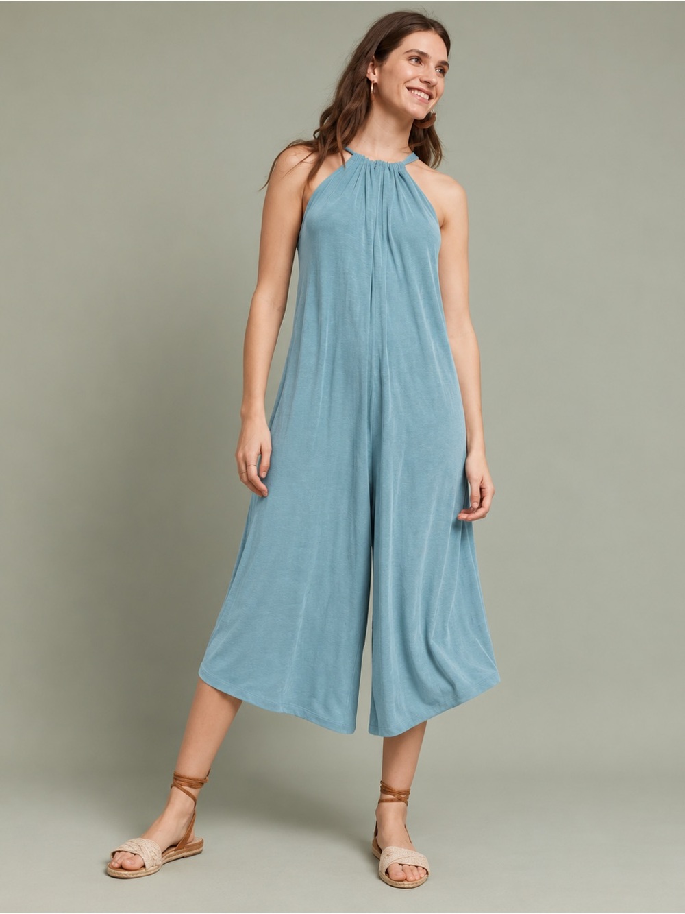 HD in Paris Anthropologie Wide Leg Halter Maxi Jumpsuit Blue XL